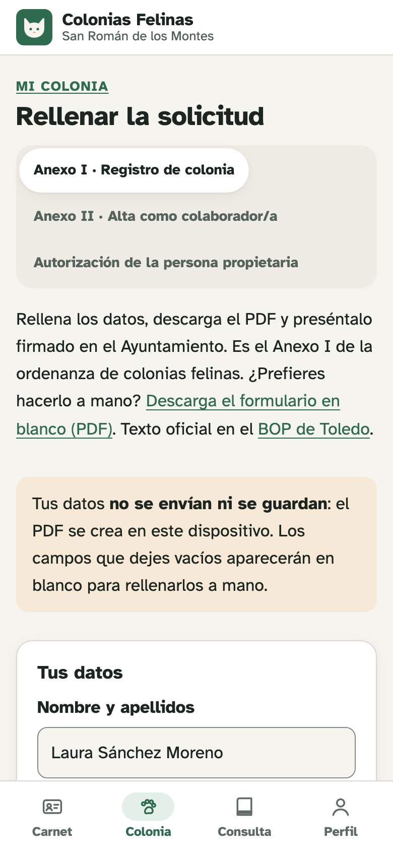 Formulario de solicitud de una colonia